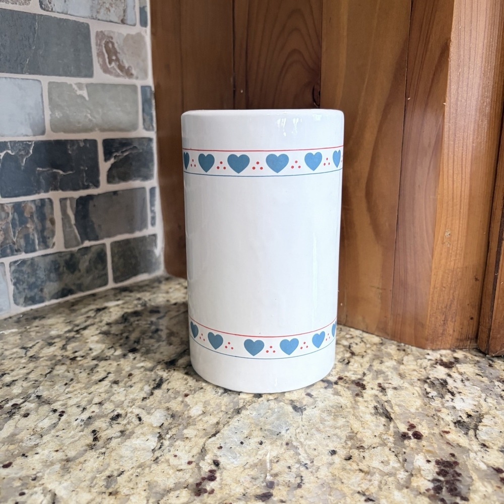Vintage 80s Lillian Vernon Heart Dot Stripe Utensil Crock Vase